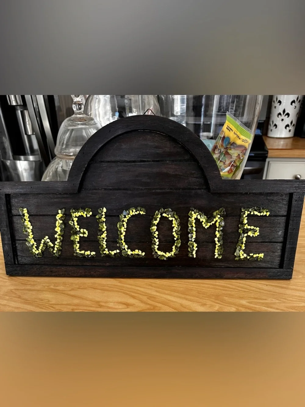 Hand crafted Welcome Wall Sign — Dark Wood with Green Accents
